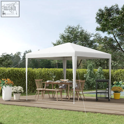 White outsunny pop-up gazebo with steel frame, guy ropes, and ground stakes for garden parties and weddings