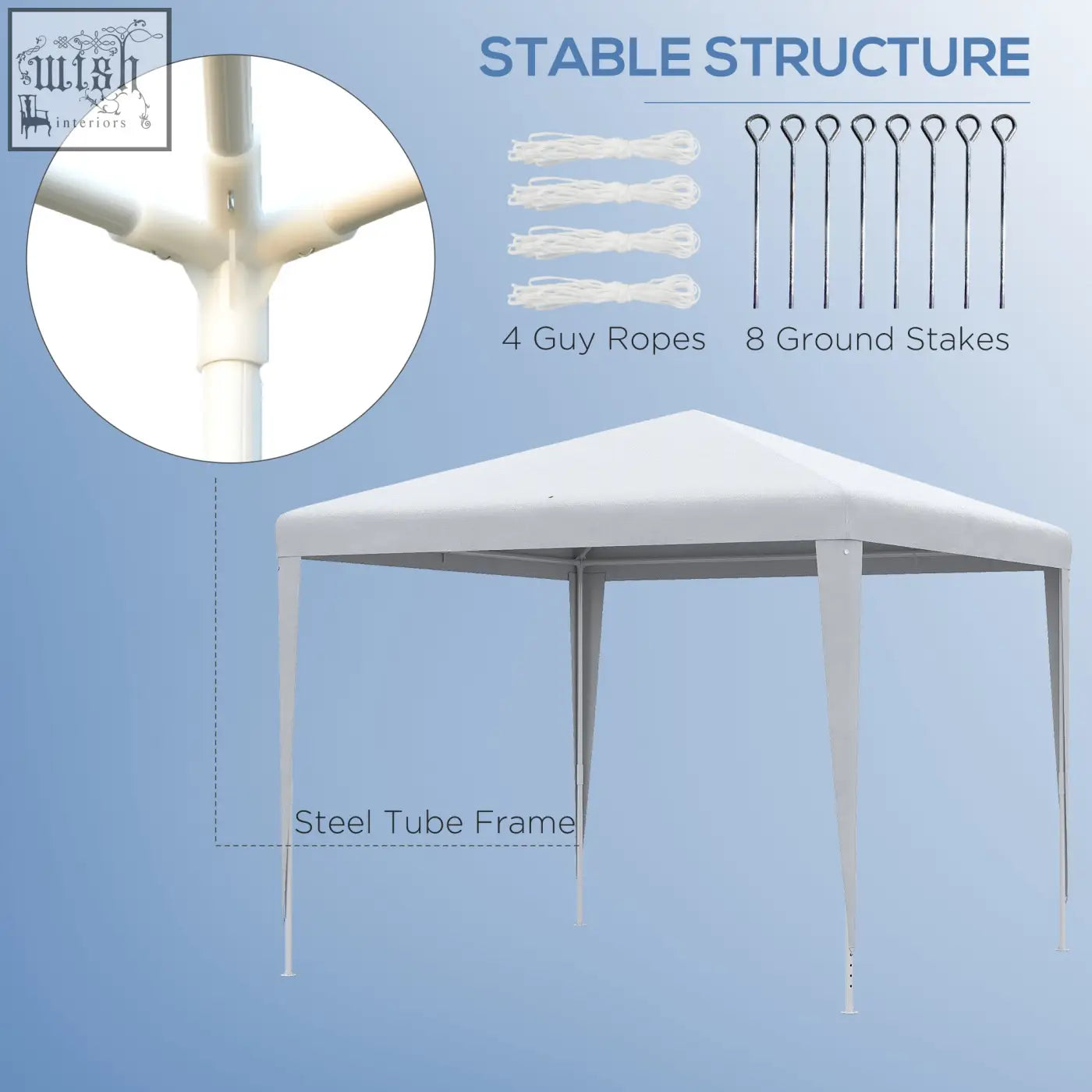 White outsunny 2.7m garden gazebo marquee with steel frame, guy ropes, and ground stakes for outdoor parties and weddings