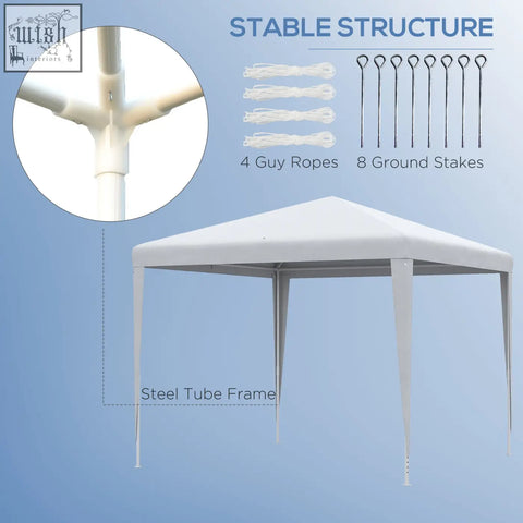 White outsunny 2.7m garden gazebo marquee with steel frame, guy ropes, and ground stakes for outdoor parties and weddings