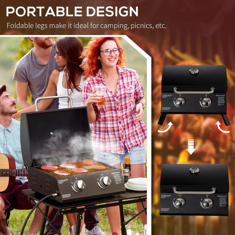 Black outsunny 2 burner portable gas bbq grill with foldable legs stainless steel handles and carbon steel grill net to cook food