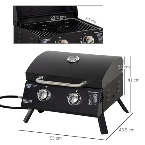 Outsunny black carbon steel 2 burner portable gas grill with silver knobs and grill net for outdoor cooking