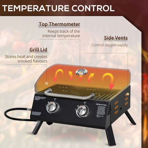 Outsunny black carbon steel 2 burner portable gas grill with orange lid, dual knobs, and grill net for cooking food