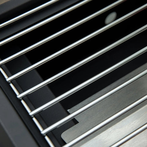 Black and silver carbon steel ventilation grille with parallel slats for ash tray on outsunny 2 burner gas bbq grill