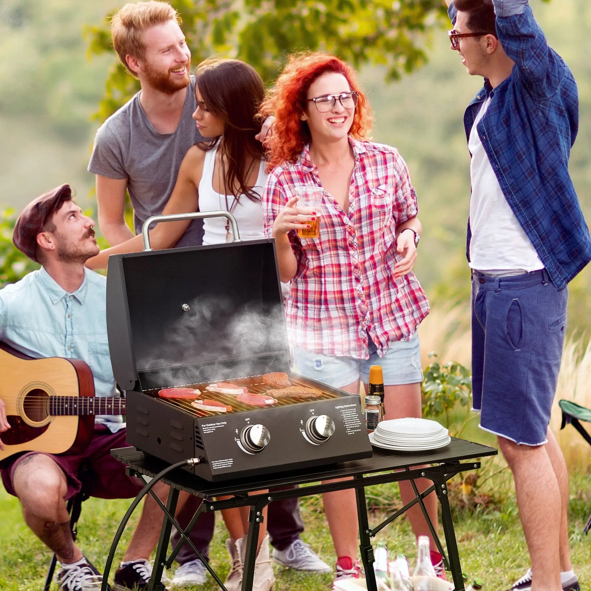 Black outsunny 2 burner portable gas grill with carbon steel grill net and stainless steel handle for cooking food outdoors