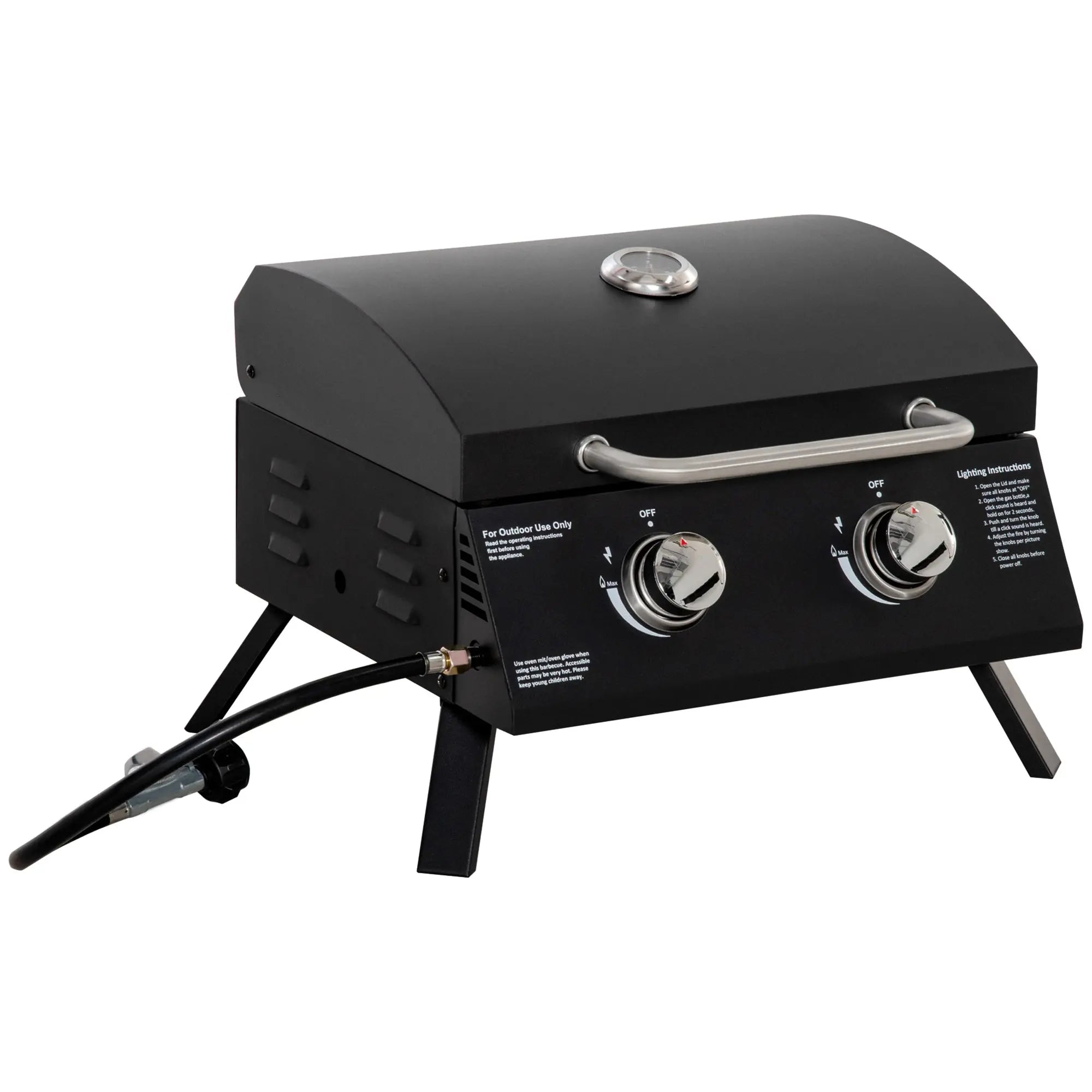 Black outsunny 2 burner portable gas grill with carbon steel body, stainless steel knobs, ash tray, and lid thermometer