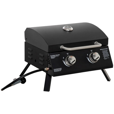 Black outsunny 2 burner portable gas grill with carbon steel body, stainless steel knobs, ash tray, and lid thermometer
