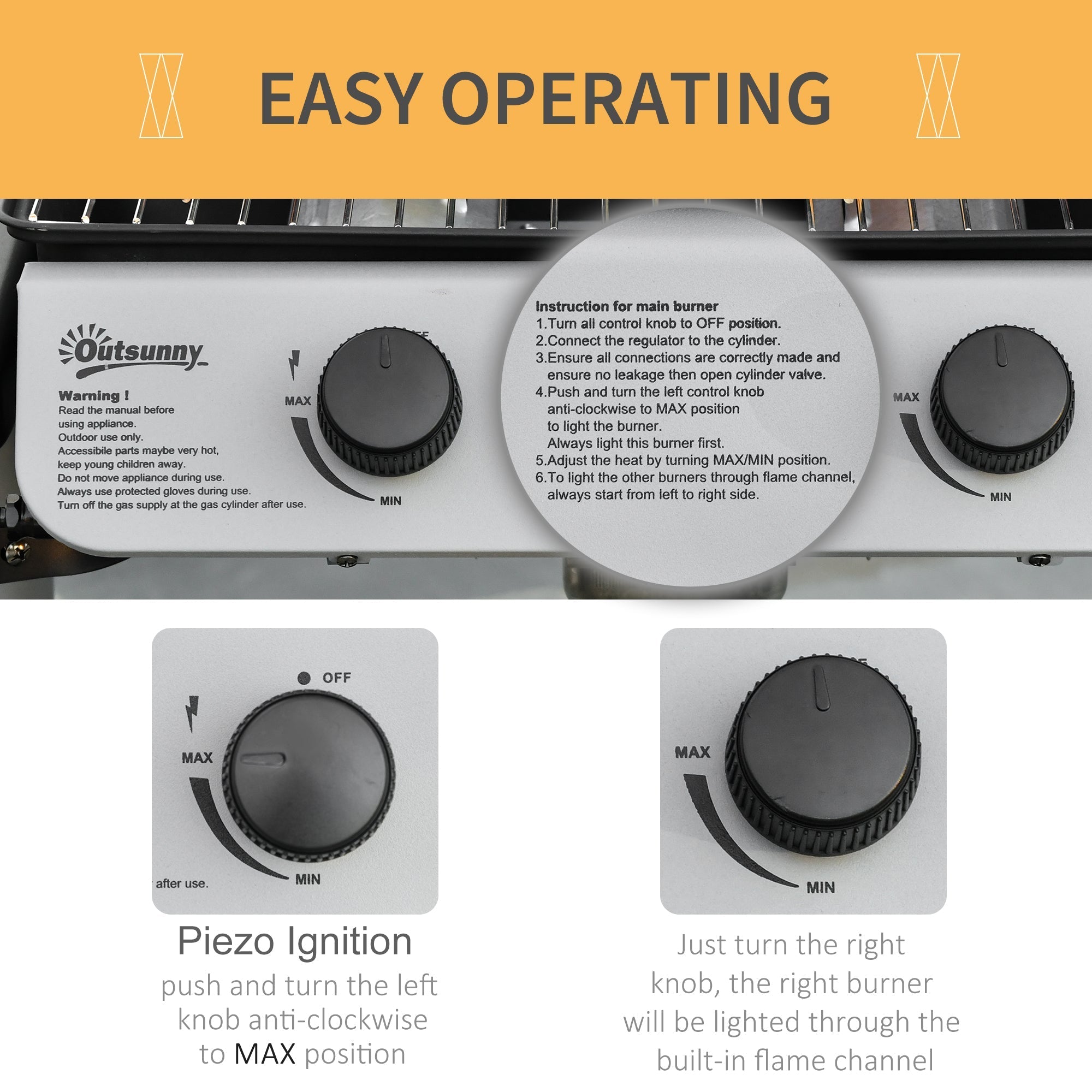 White outsunny 2 burner gas barbecue grill with black knobs, instructional labels, two wheels, and side shelves