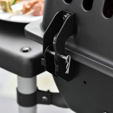 Black plastic clamp with metal pin and spring securing grill net on outsunny 2 burner gas barbecue grill trolley with two wheels