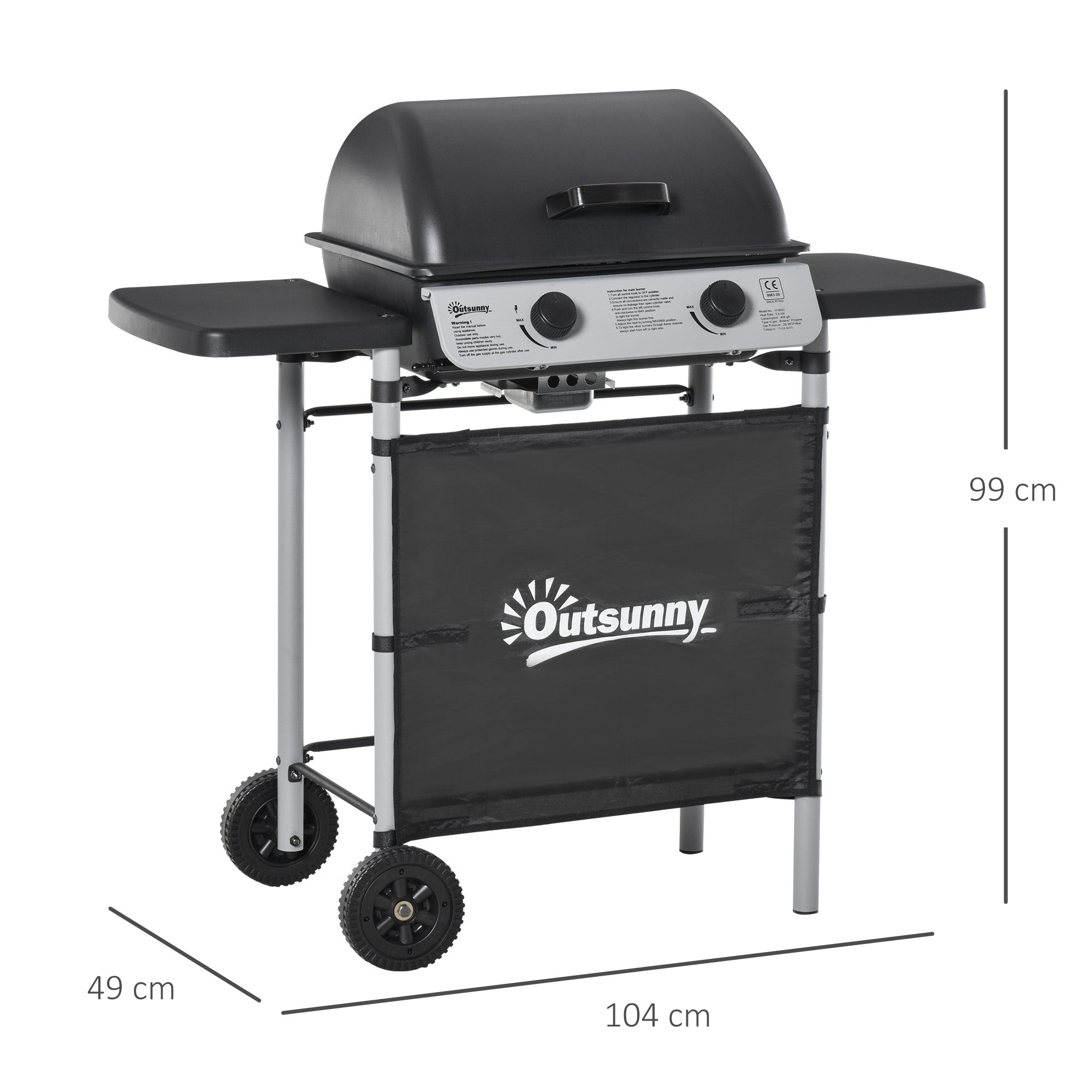 Outsunny two burner black gas barbecue grill with silver control panel, grill net, side shelves, and two wheels trolley