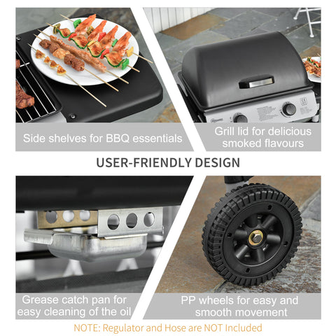 Black outsunny 2 burner gas barbecue grill trolley with lid two wheels side shelves and grill net for outdoor cooking