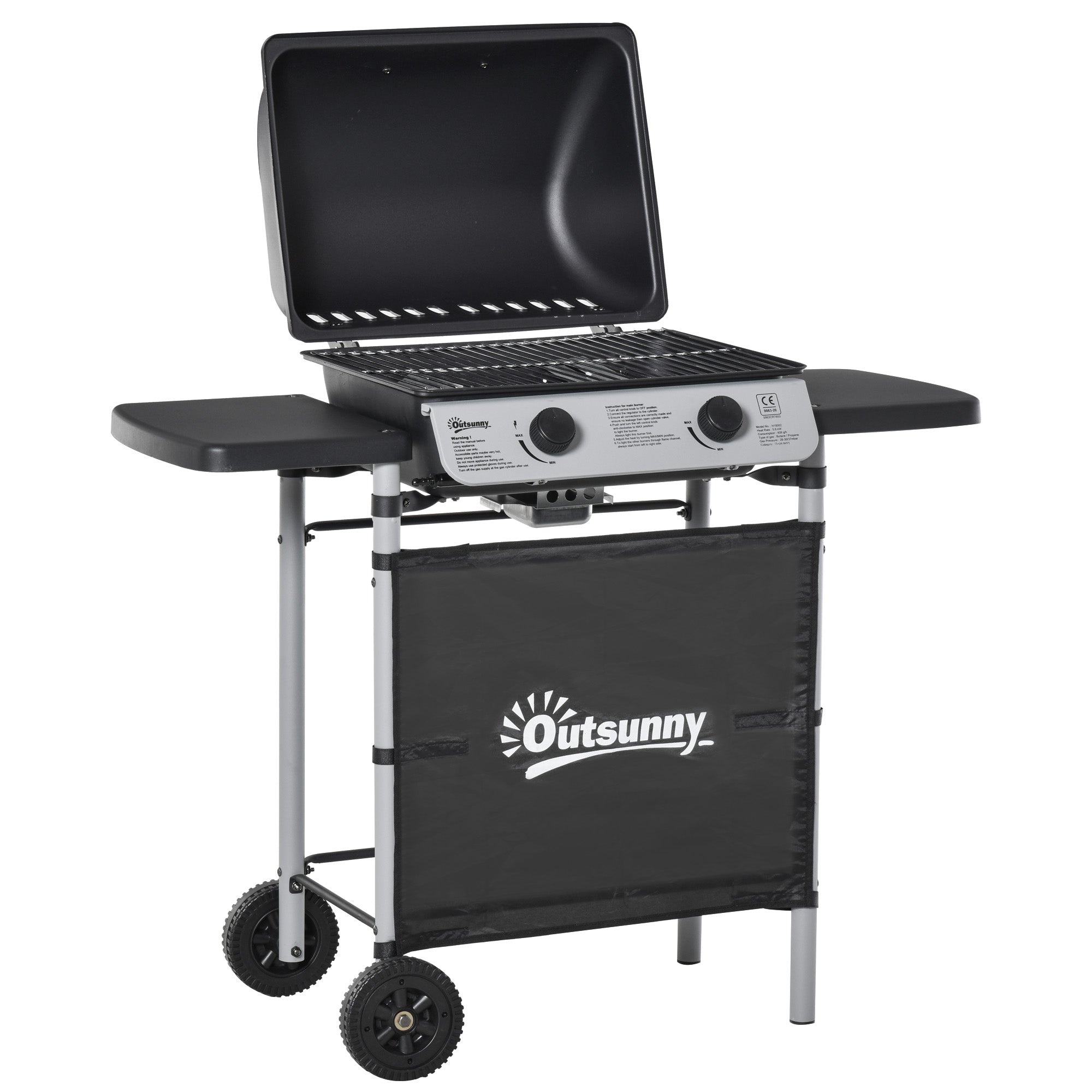 Outsunny two-burner gas barbecue grill in black with silver control panel, grill net, two wheels, and side shelves