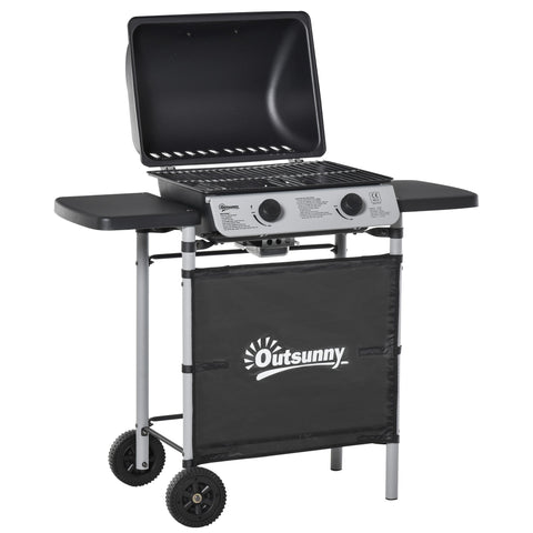 Outsunny two-burner gas barbecue grill in black with silver control panel, grill net, two wheels, and side shelves