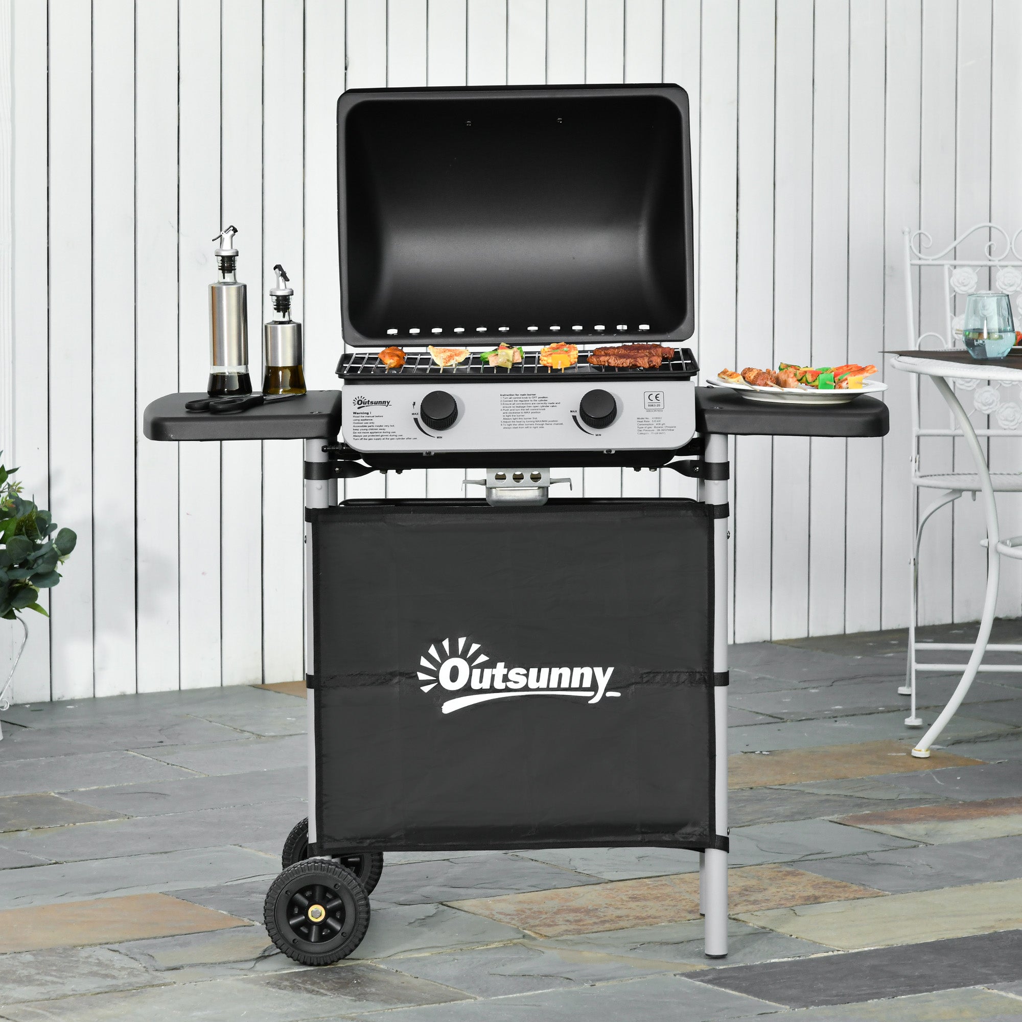 Outsunny 2 burner black gas barbecue grill trolley with grill net side shelves two wheels and silver control panel