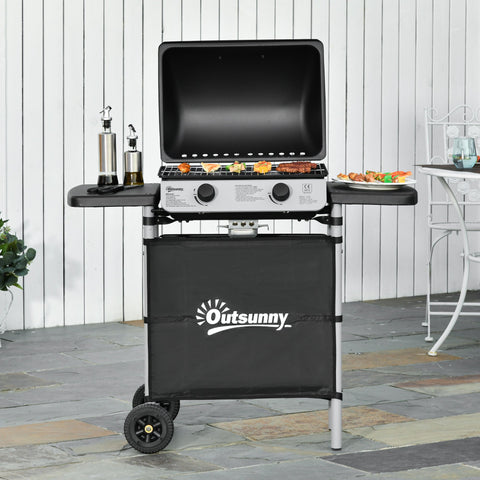 Outsunny 2 burner black gas barbecue grill trolley with grill net side shelves two wheels and silver control panel