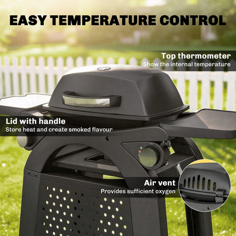 Outsunny black 2 burner gas grill with cast iron grates, side shelves, lid handle, and ventilated base panels