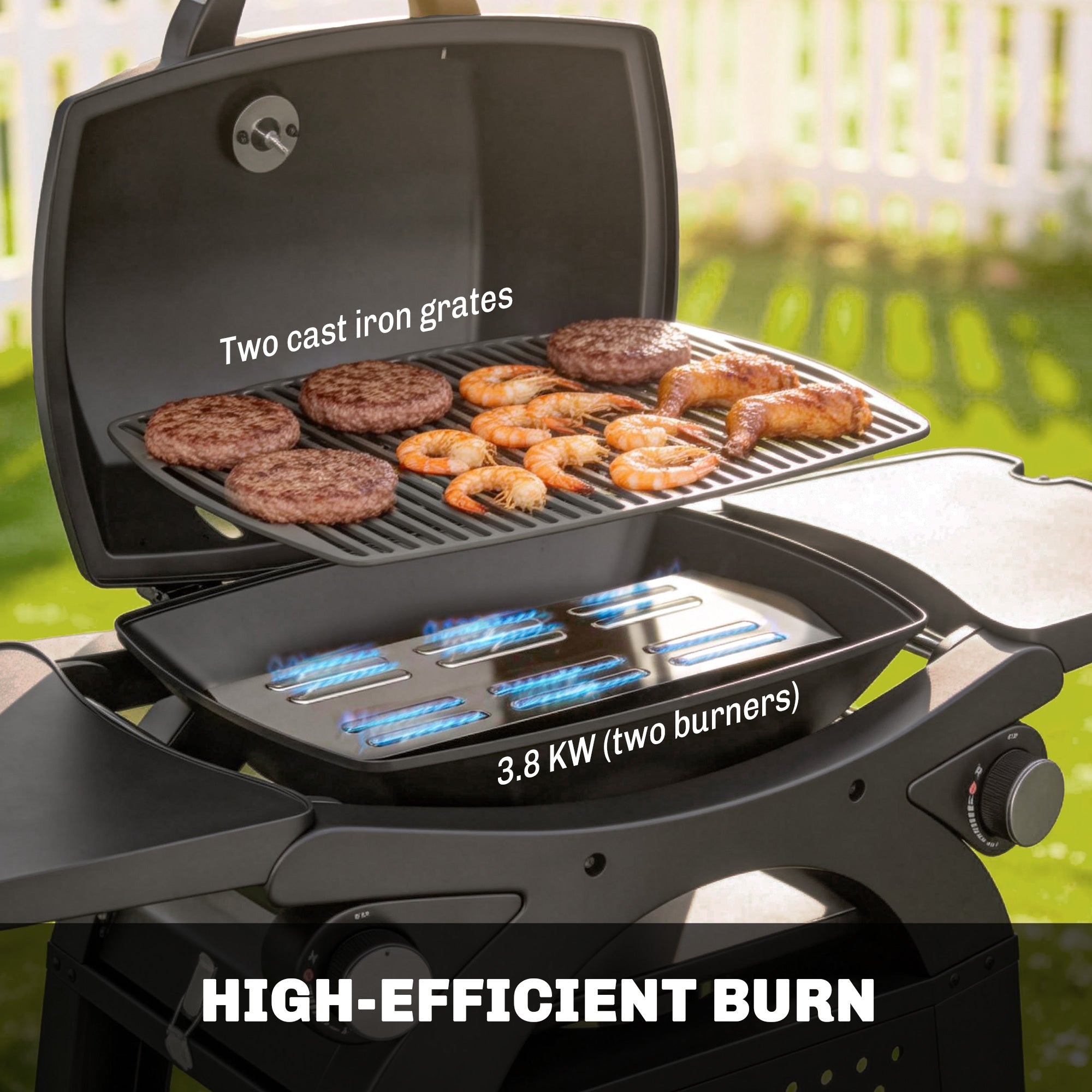 Black outsunny 2 burner gas grill with cast iron grates and blue flames from 3.8 kw dual burners for outdoor cooking