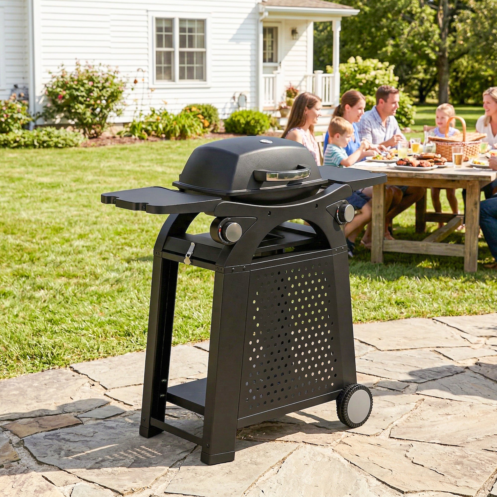 Black outsunny 2 burner gas grill with cast iron grates, perforated side panel, wheels, and 2 side tables