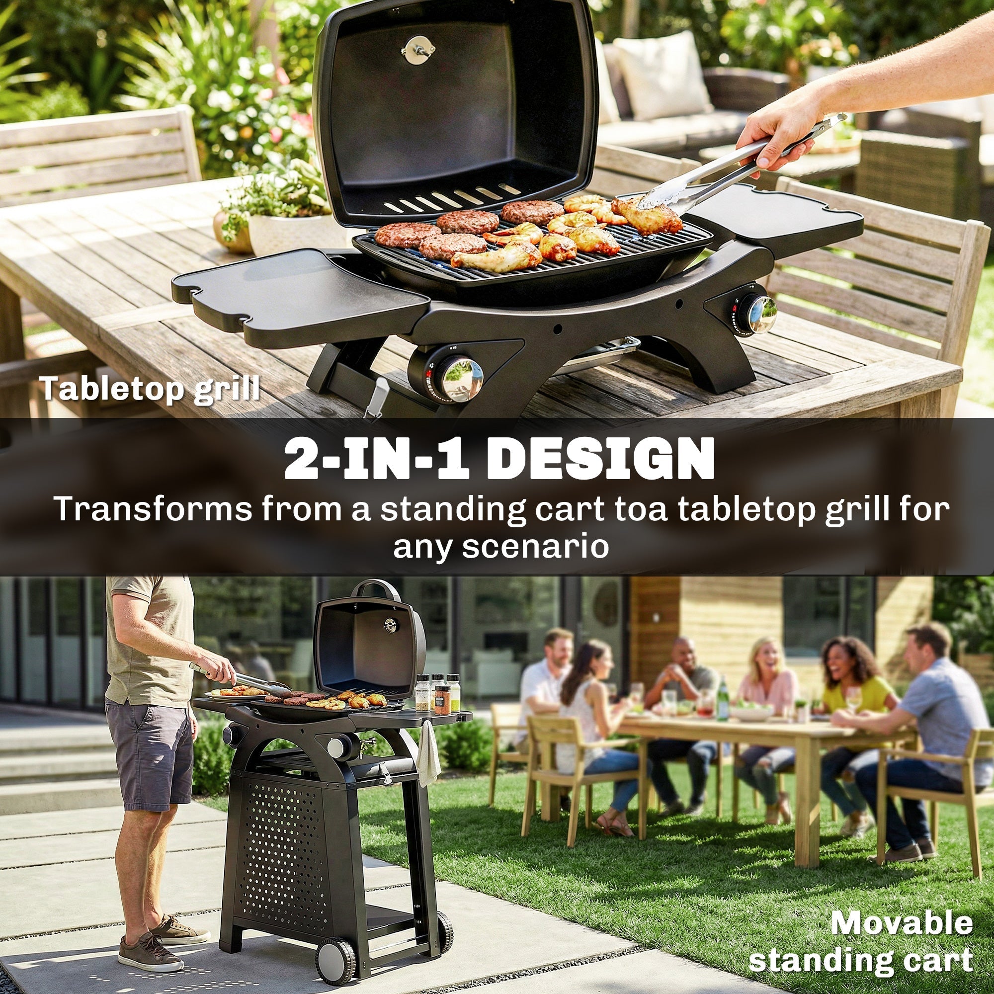 Outsunny black 2 burner gas grill with cast iron grates 2 in 1 tabletop grill and standing cart with side trays