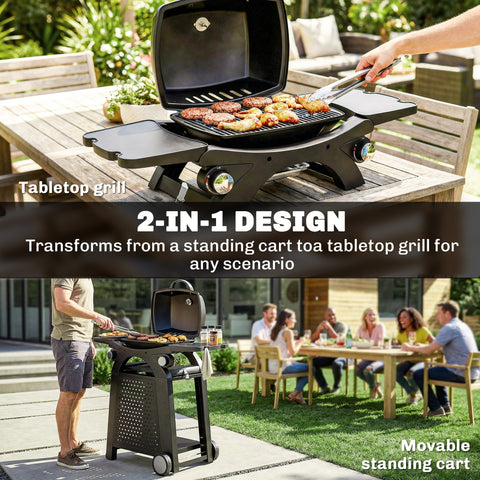 Outsunny black 2 burner gas grill with cast iron grates 2 in 1 tabletop grill and standing cart with side trays