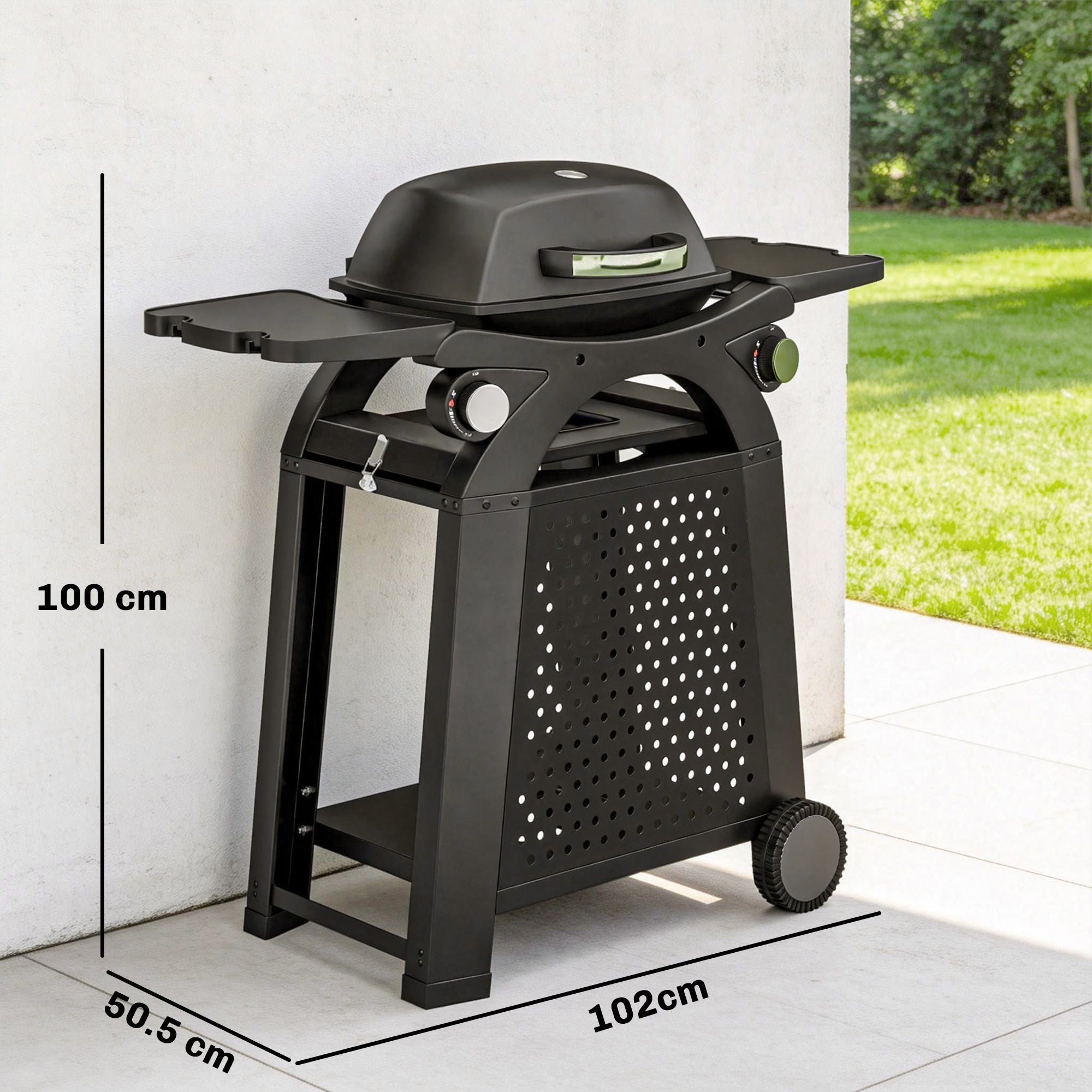 Black Outsunny 2 burner gas grill with domed lid, side shelves, wheels, and cast iron grates for outdoor BBQ