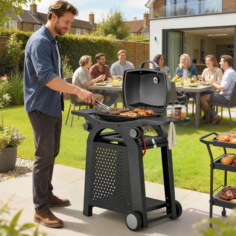 Black outsunny 2 burner gas grill with wheels and cast iron grates for easy outdoor barbecue cooking