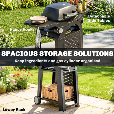 Black outsunny 2 burner gas grill with cast iron grates, detachable side tables, and lower rack holding wicker basket