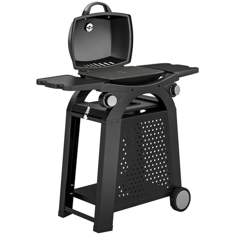 Outsunny black 2 burner gas grill with hinged lid, cast iron grates, two control knobs, and perforated side panels