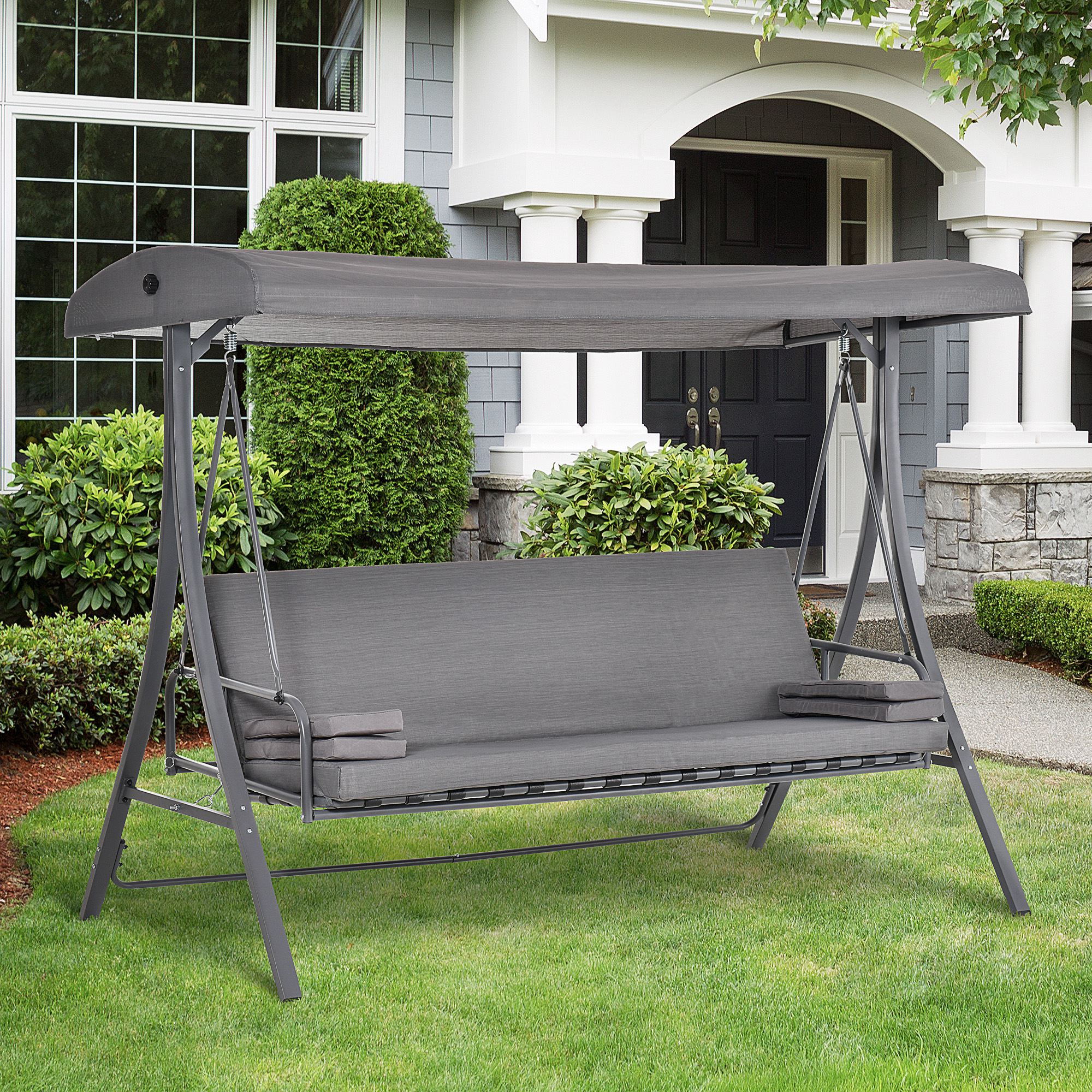 Gray fabric Outsunny 2-in-1 patio 3 seater swing chair with metal frame and adjustable backrest canopy