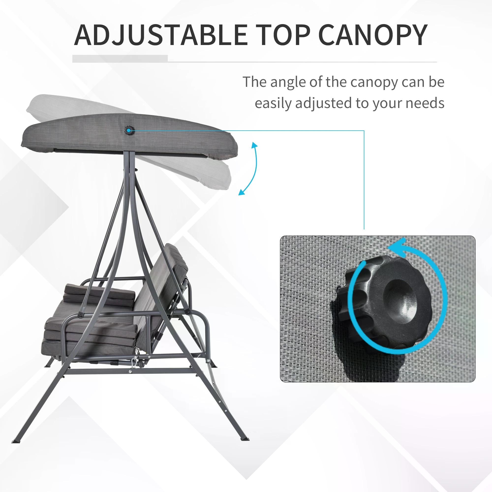 Gray fabric canopy with adjustable angle on metal frame of Outsunny seater swing chair with adjustable backrest
