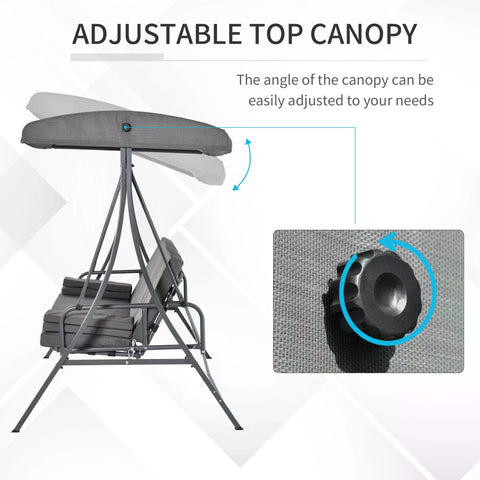 Gray fabric canopy with adjustable angle on metal frame of Outsunny seater swing chair with adjustable backrest
