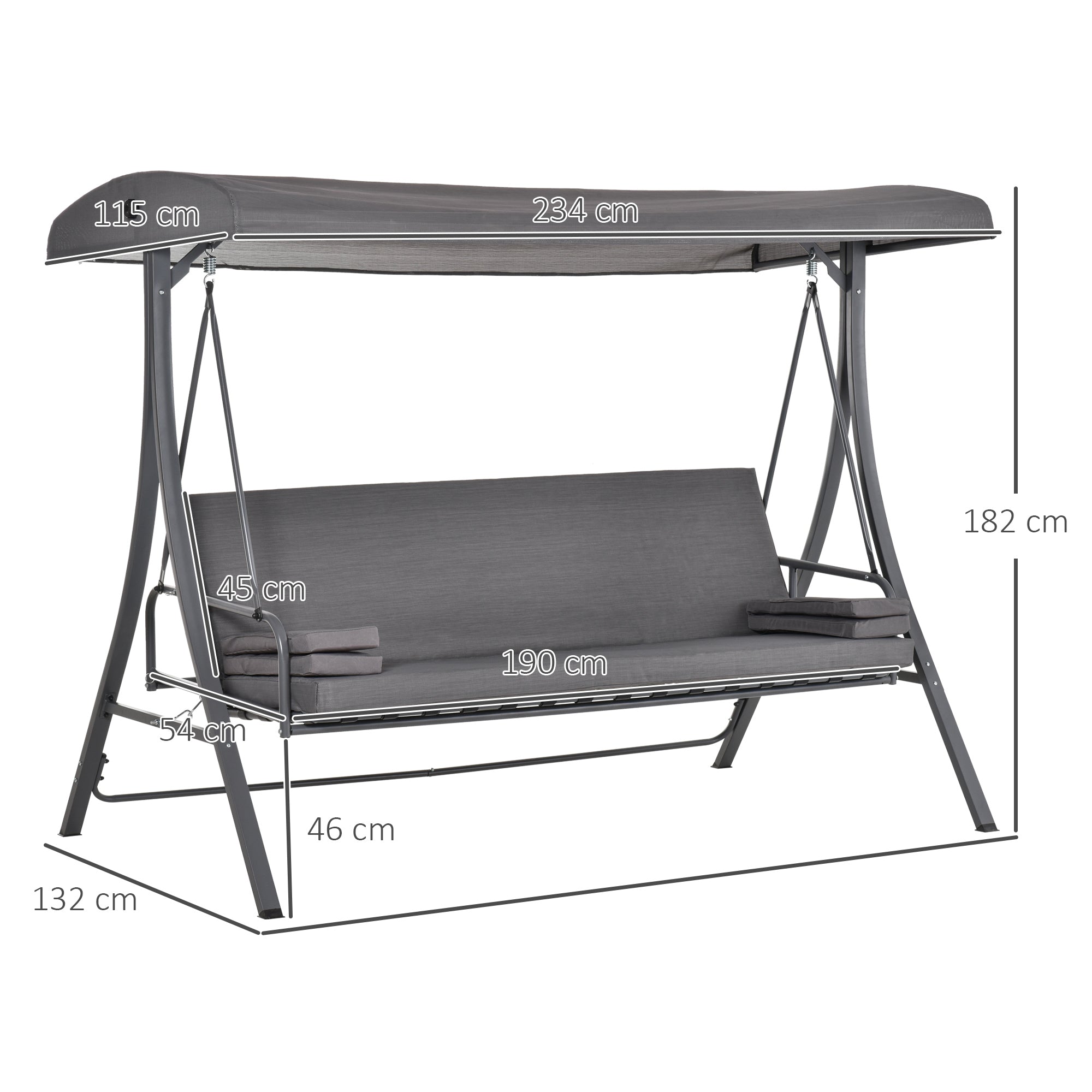 Outsunny gray fabric 3 seater swing chair with adjustable canopy and backrest metal frame cushioned seating