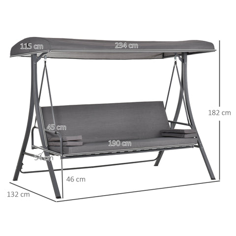 Outsunny gray fabric 3 seater swing chair with adjustable canopy and backrest metal frame cushioned seating