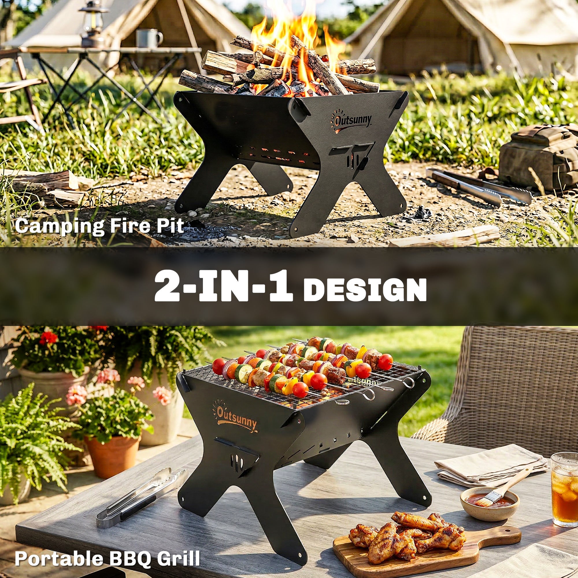 Outsunny black metal 2-in-1 portable bbq grill and camping fire pit with grill grate and carry bag for easy transport