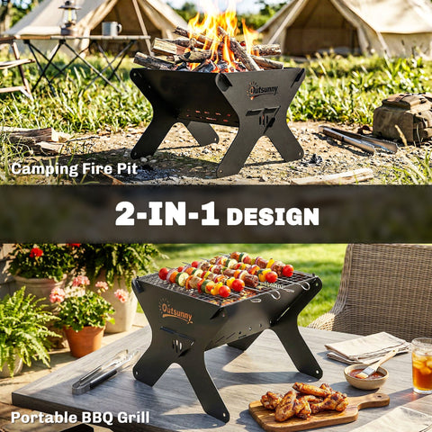 Outsunny black metal 2-in-1 portable bbq grill and camping fire pit with grill grate and carry bag for easy transport