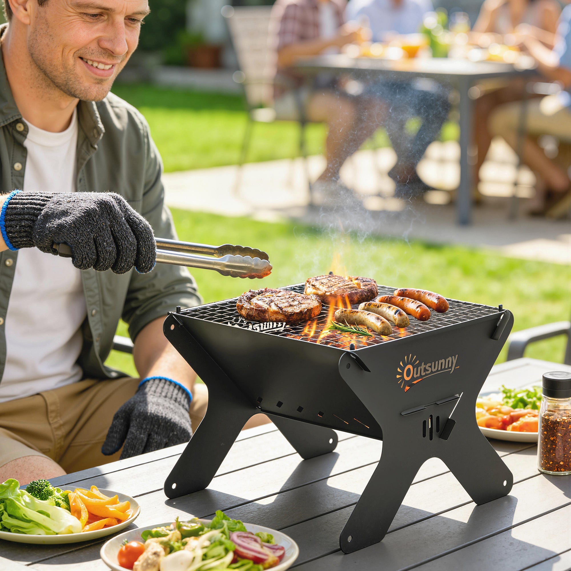 Black metal x-shaped outsunny 2-in-1 portable bbq grill with flame and food cooking on grill grate, includes carry bag