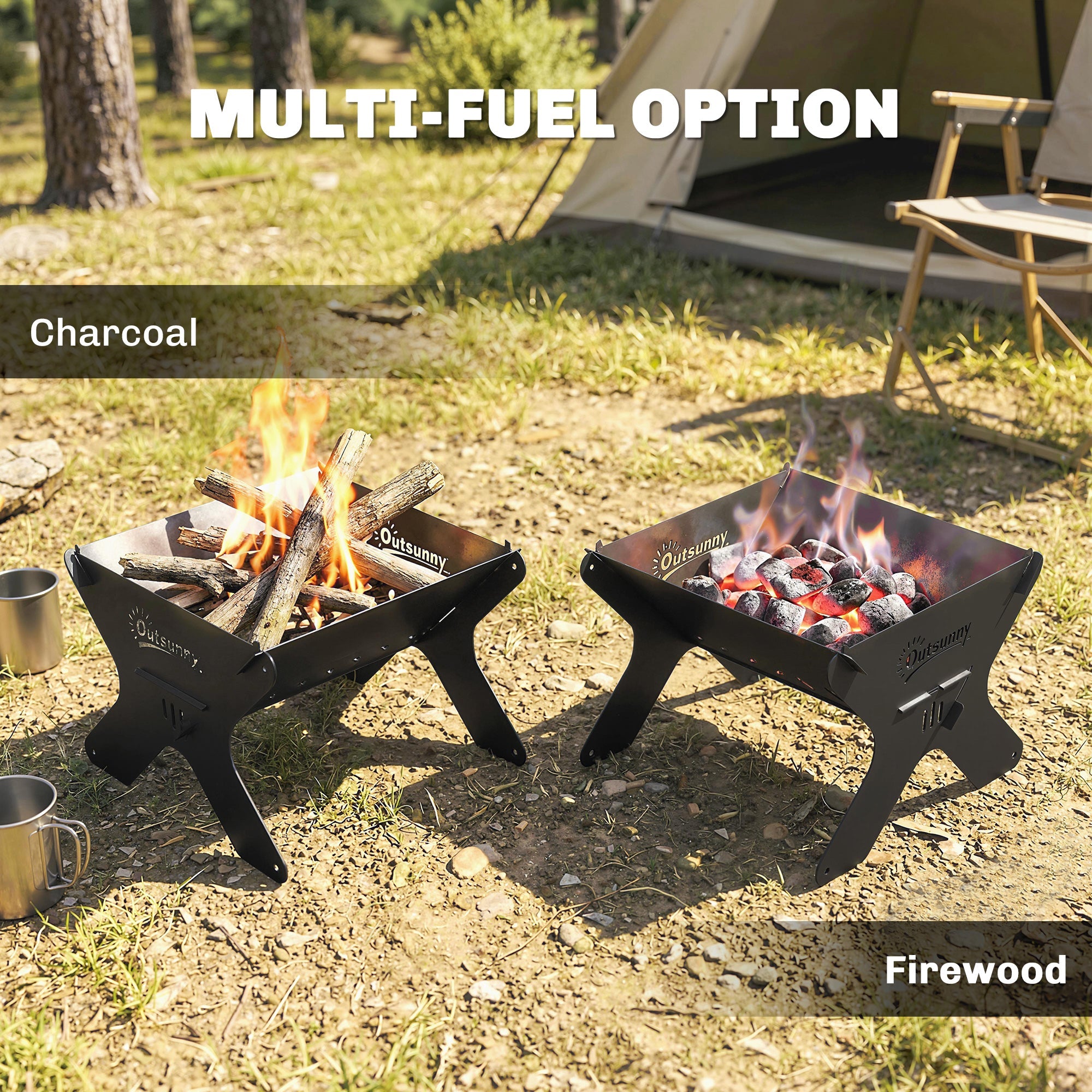 Black metal outsunny 2-in-1 bbq grill and fire pit with foldable base, grill grate, and carry bag for easy transport
