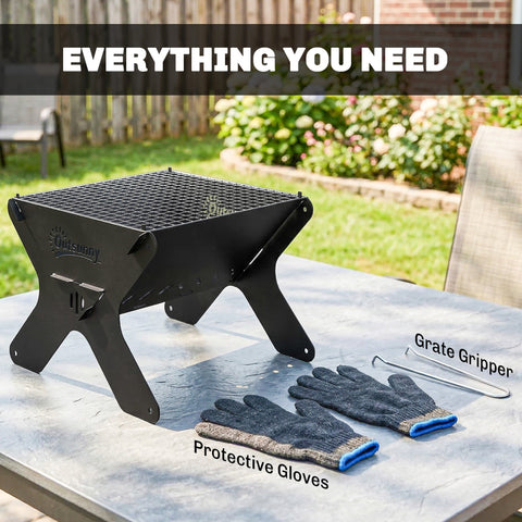 Black metal x-frame bbq grill with grill grate, branded logo, and carry bag for portable outdoor cooking
