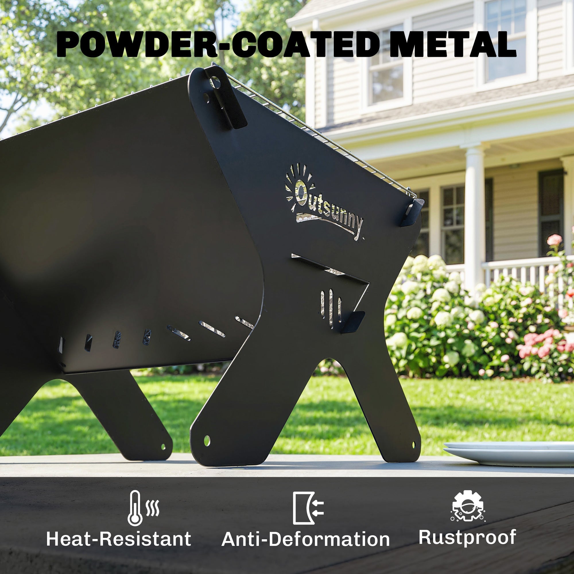 Black powder-coated metal bbq grill shaped like a cow with grill grate and outsunny carry bag included