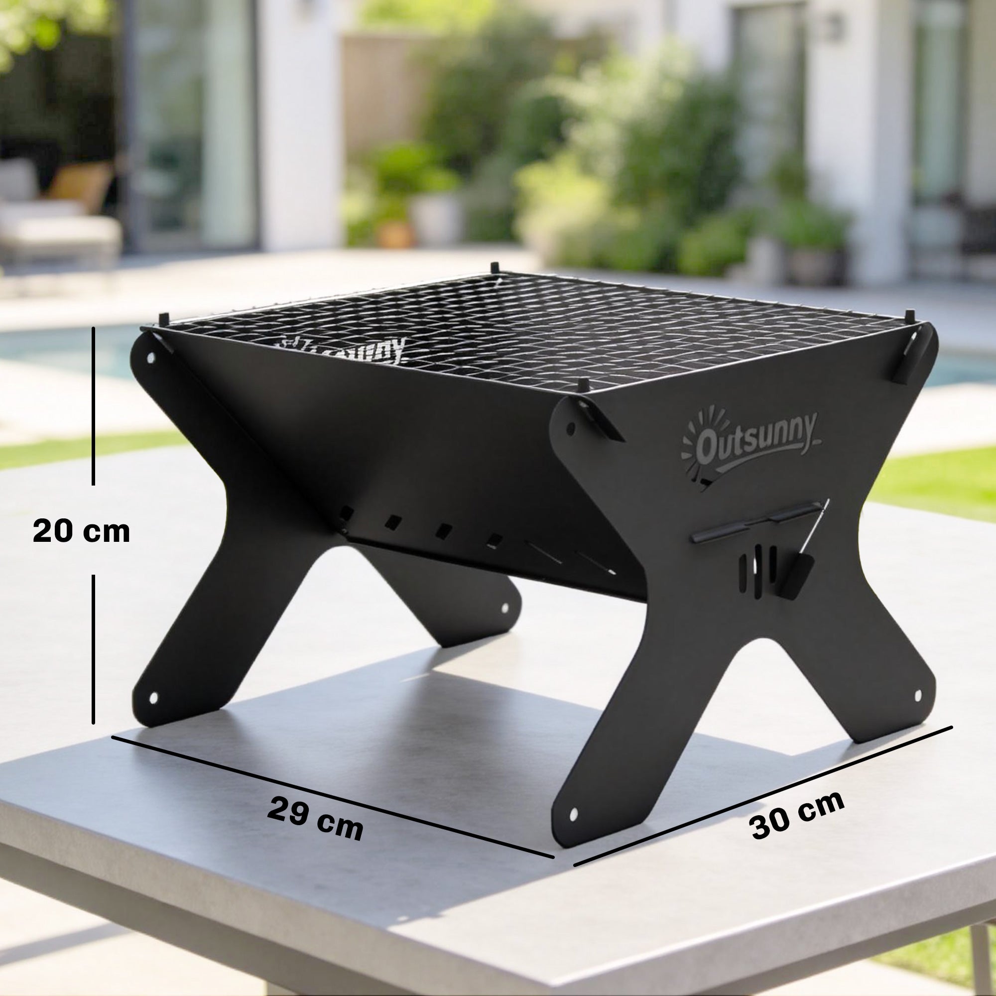 Outsunny black metal x-shaped fire pit with grill grate and mesh top includes carry bag for portable bbq grill use