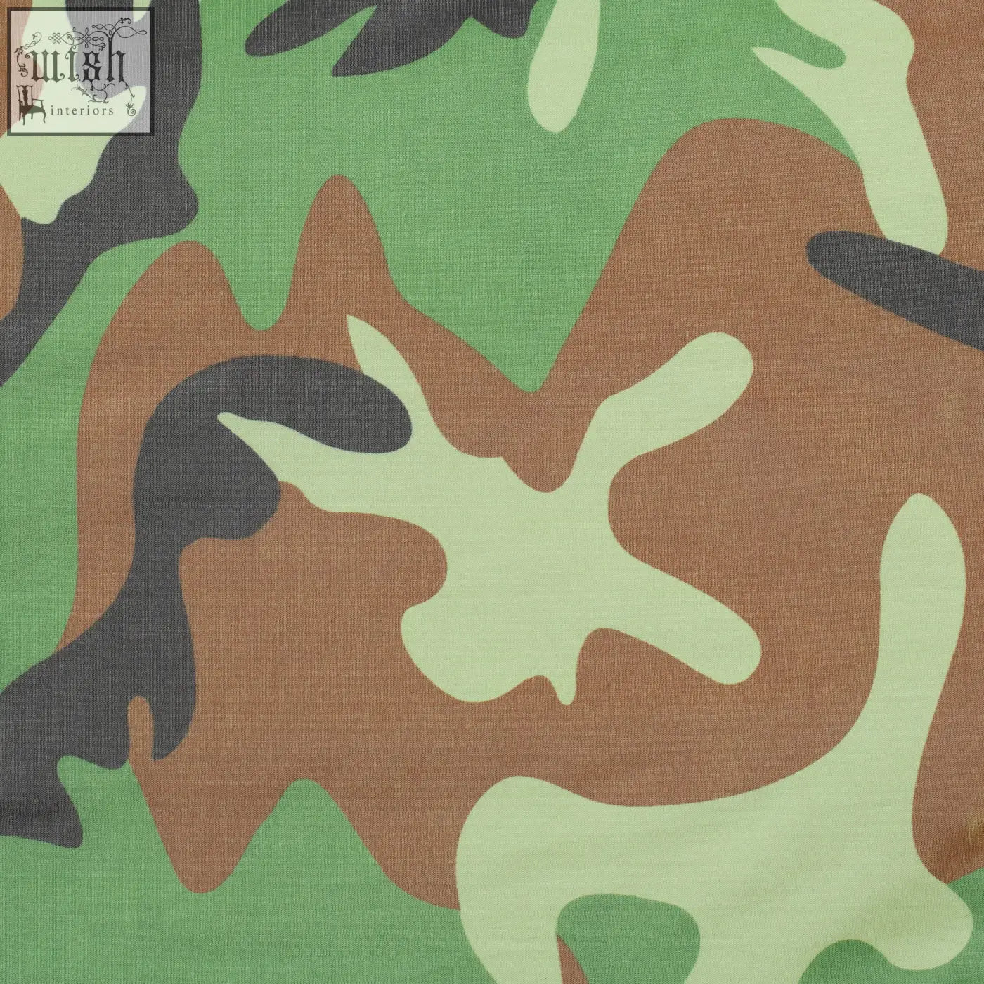 Camouflage pattern camping tent fabric in green brown and beige with carry bag and ground stakes for easy setup