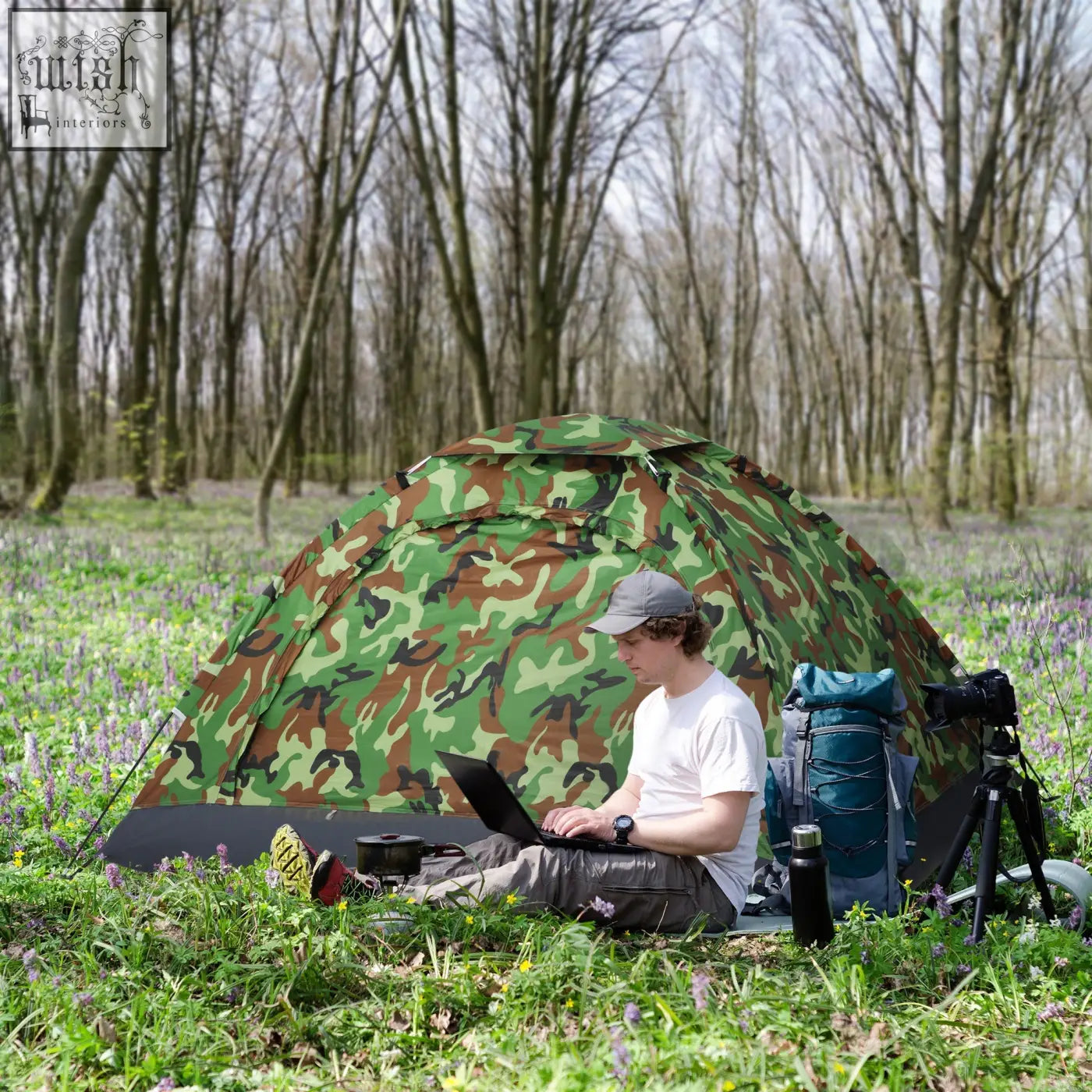 Outsunny 2 person camping tent with camouflage pattern, zipped doors, storage pocket, ground stakes, and carry bag