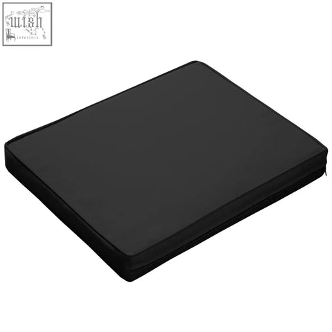 Black rectangular outdoor seat cushion with smooth padded surface and polyester fabric covers for garden chairs