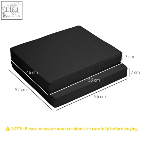 Black rectangular seat cushion with thick plush interior and polyester fabric covers for outdoor seat use