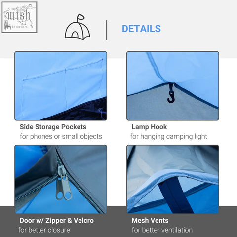 Sky blue outsunny 2 room tent with porch features, air vents, zipper and velcro door, perfect for hiking and fishing