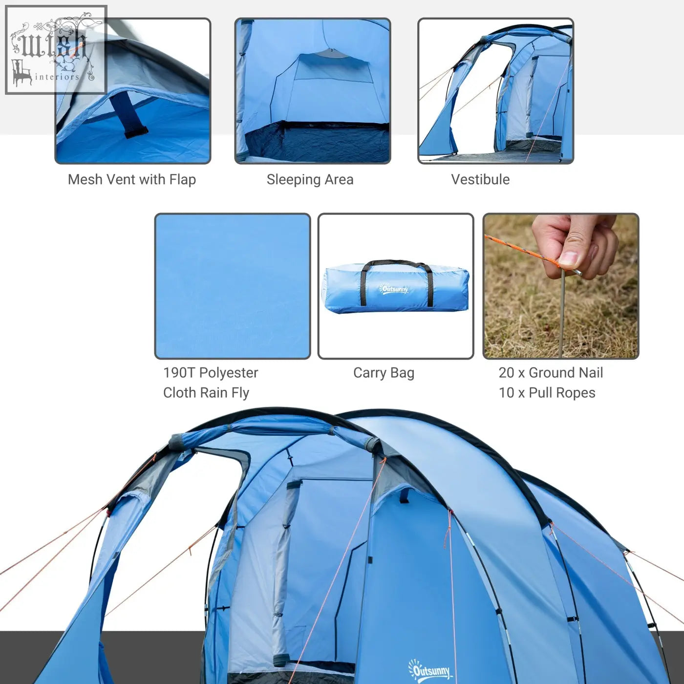 Outsunny sky blue 2 room camping tent with air vents, porch features, and weather-resistant fabric for hiking and fishing