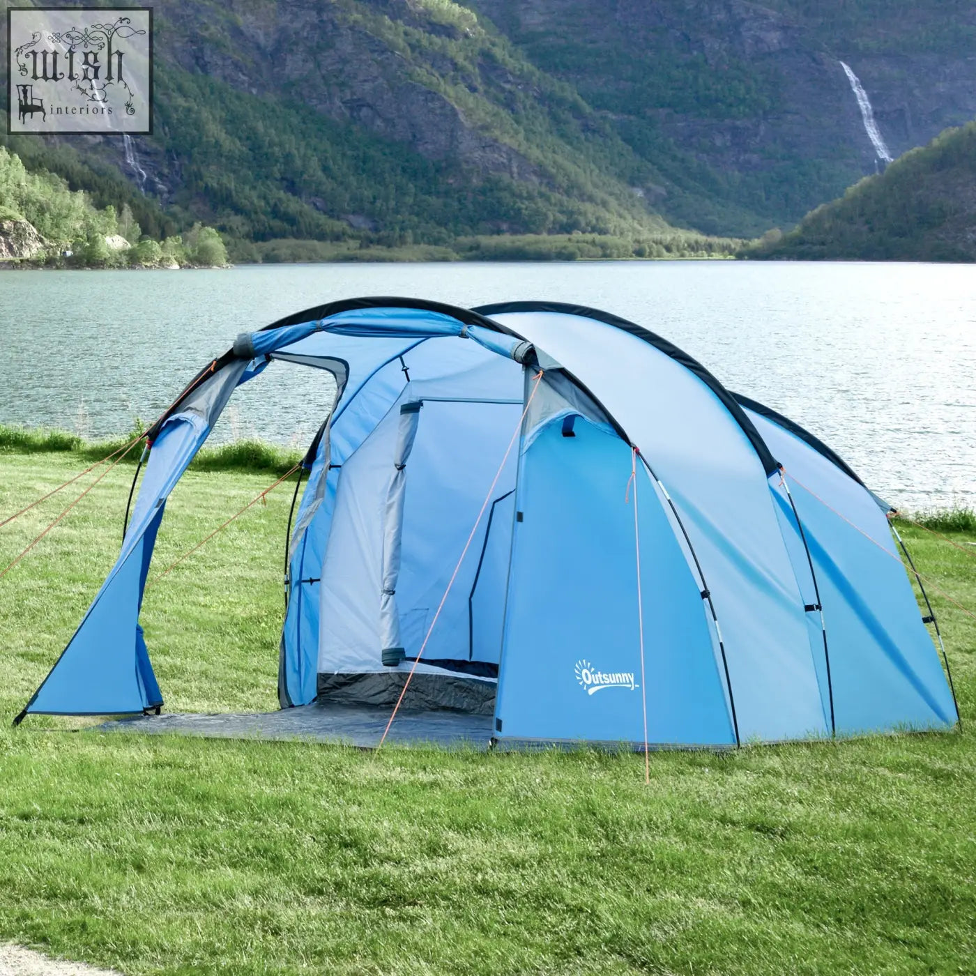 Sky blue outsunny 2 room tent with porch features and air vents ideal for fishing and hiking camping trips