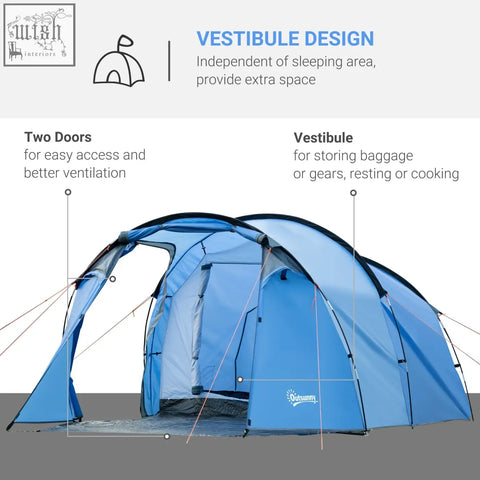 Outsunny sky blue 2 room tent with porch features, air vents, and two doors perfect for fishing and hiking trips