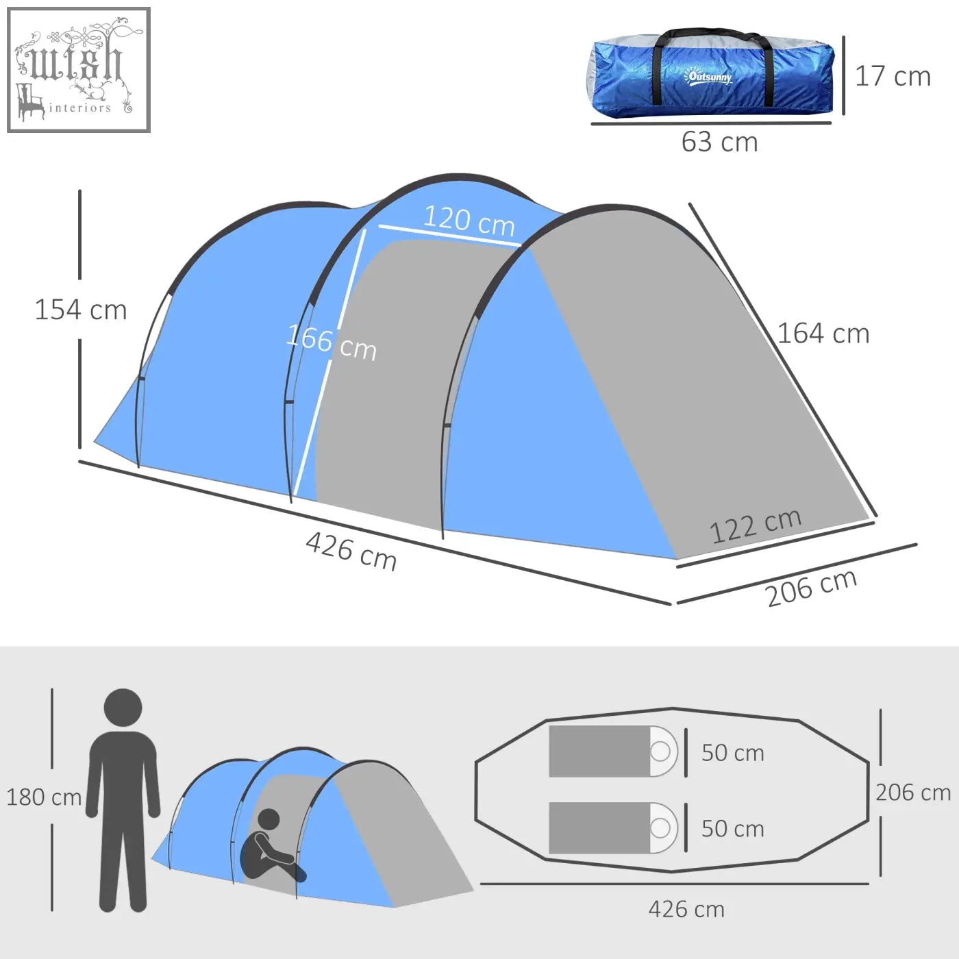 Outsunny sky blue and gray three-person pop-up tent with air vents and porch features perfect for camping and hiking