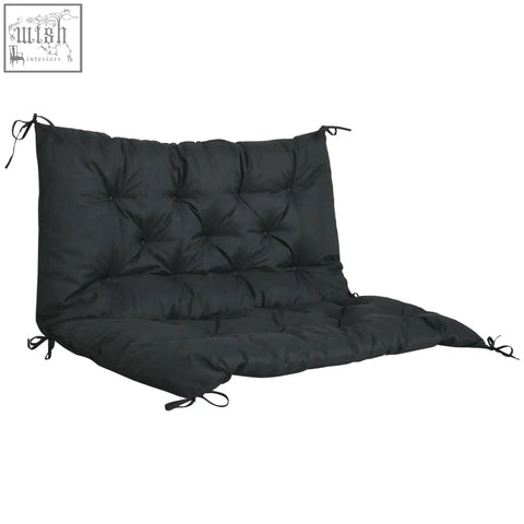 Black tufted polyester fabric outdoor bench cushion with tie fastenings for indoor and outdoor use