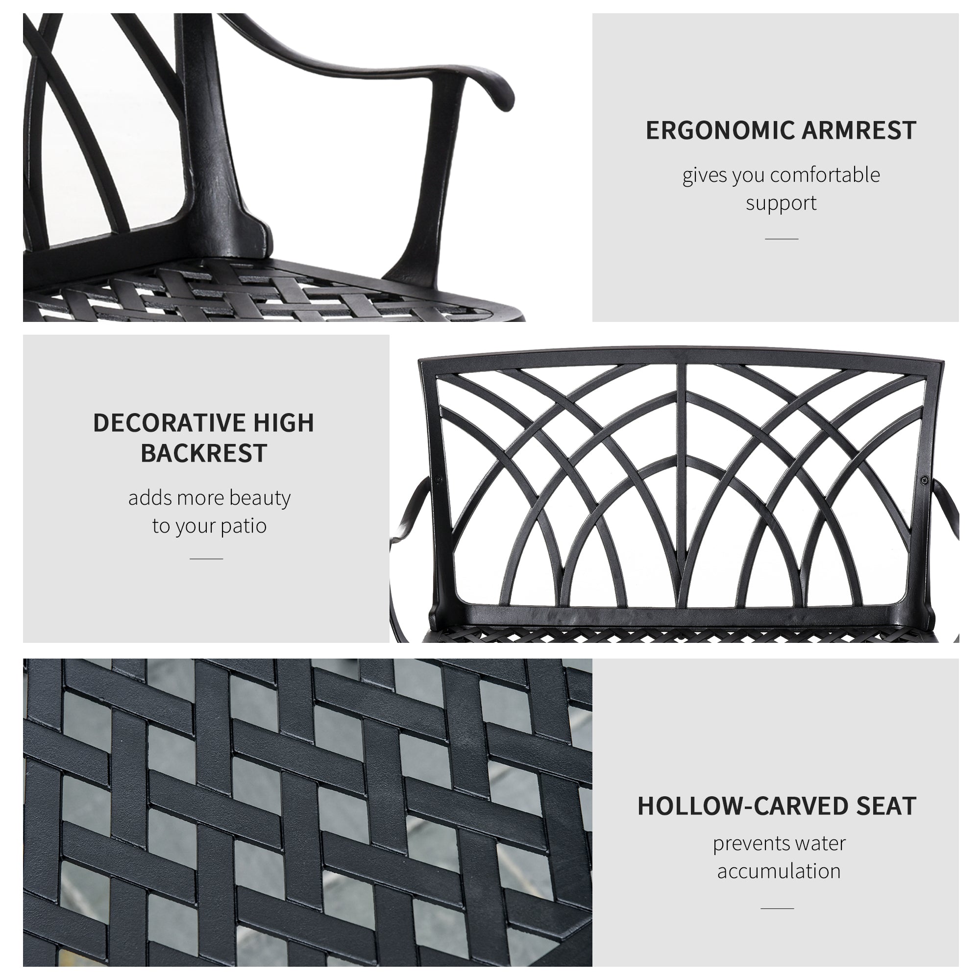 Black cast aluminium garden bench with decorative high backrest and curved line design for outdoor patio seating